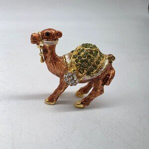 Hand-Painted Enamel & Rhinestone Camel Figurine Trinket Box 2" Tall